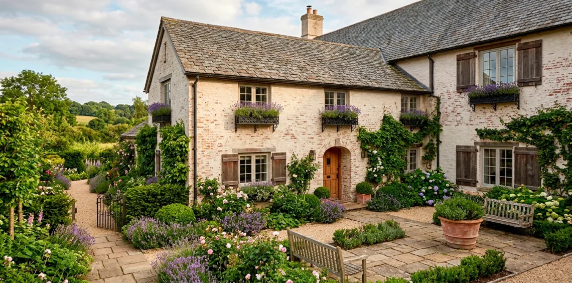 European cottage exterior with chalky limewash brick facade and wrought iron window boxes