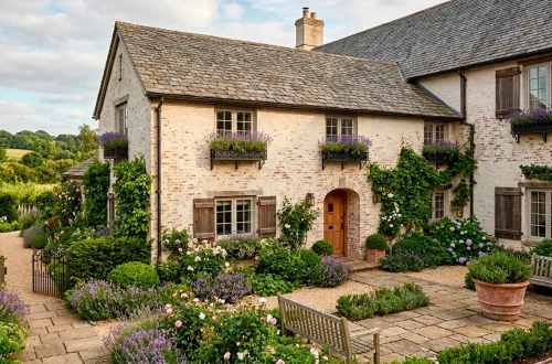 European cottage exterior with chalky limewash brick facade and wrought iron window boxes
