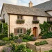 European cottage exterior with chalky limewash brick facade and wrought iron window boxes