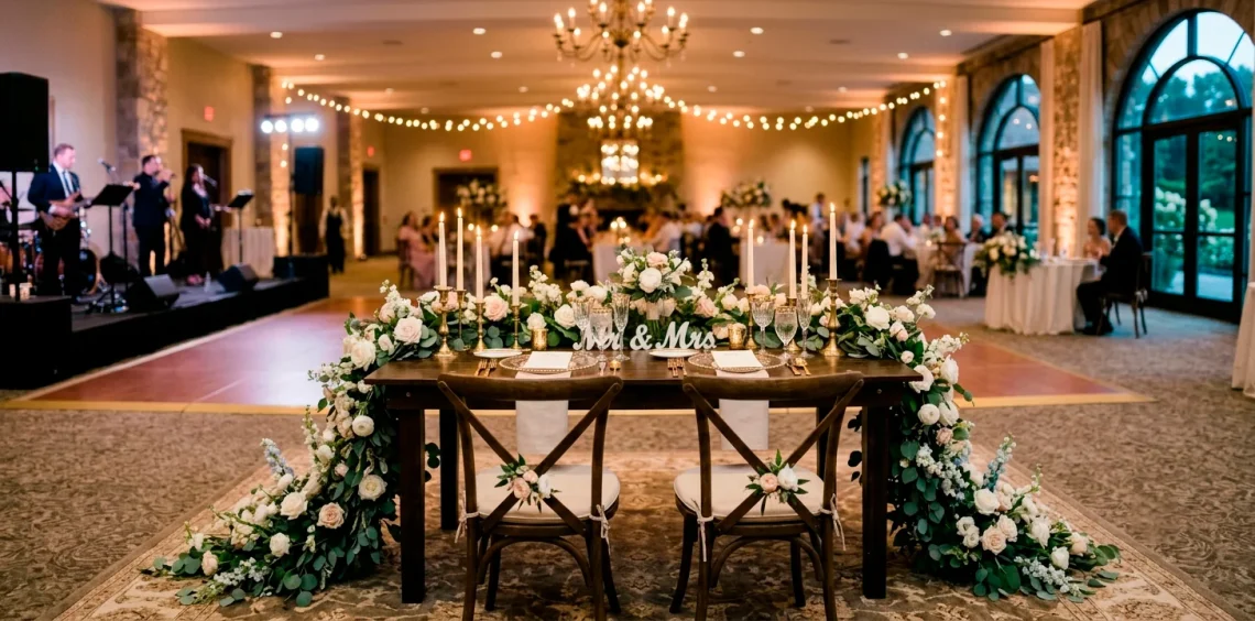 Elegant wedding sweetheart table with cascading floral runner and flickering taper candles