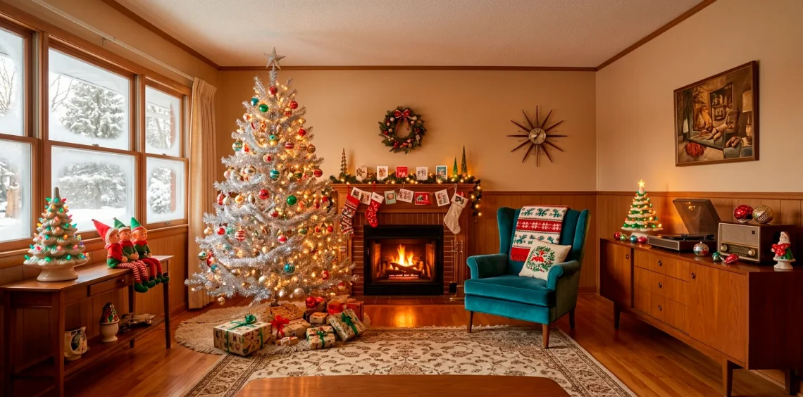 Vintage 1950s living room decorated for Christmas with a tinsel tree and Shiny Brite ornaments