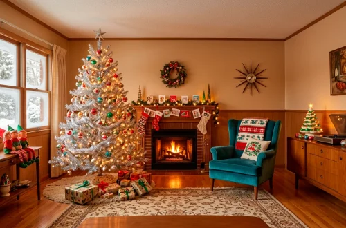 Vintage 1950s living room decorated for Christmas with a tinsel tree and Shiny Brite ornaments