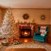 Vintage 1950s living room decorated for Christmas with a tinsel tree and Shiny Brite ornaments