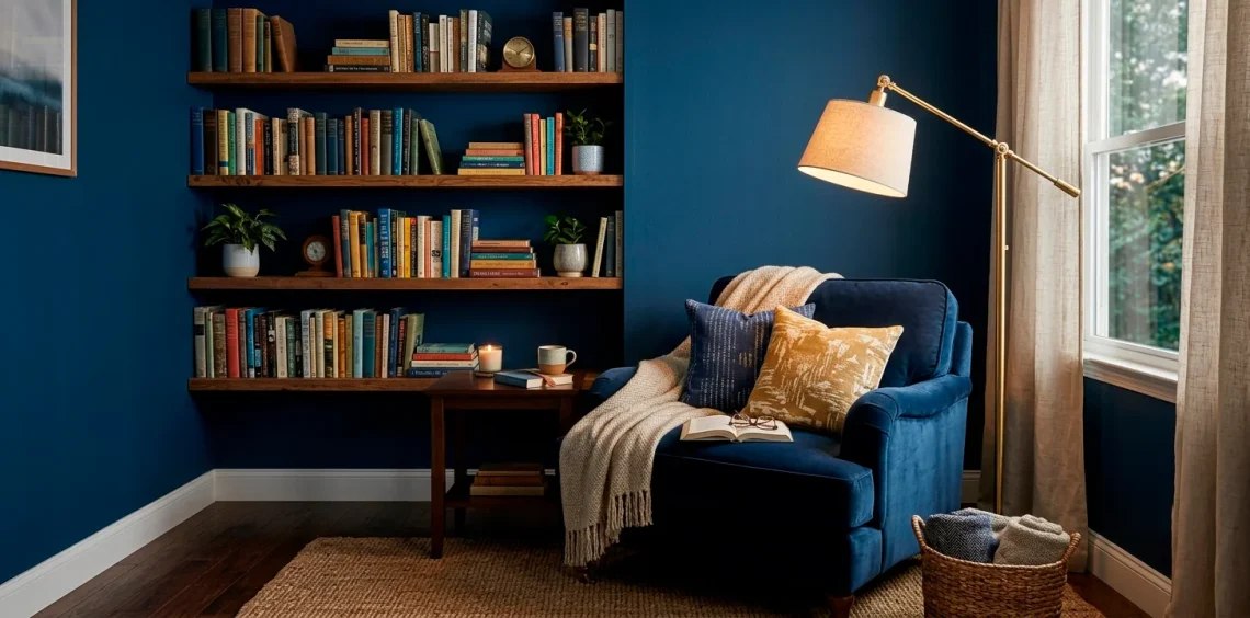 Wide view of a moody indigo bedroom reading nook with a velvet armchair and brass floor lamp