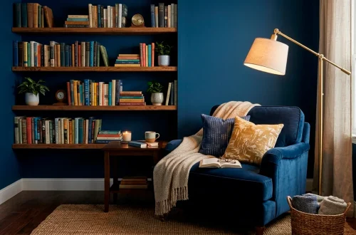 Wide view of a moody indigo bedroom reading nook with a velvet armchair and brass floor lamp