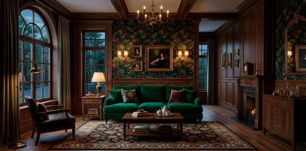 A modern Victorian living room featuring dark walnut wood furniture, emerald velvet seating, and moody floral wallpaper.