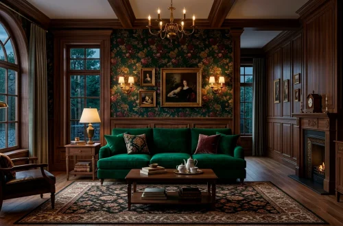 A modern Victorian living room featuring dark walnut wood furniture, emerald velvet seating, and moody floral wallpaper.
