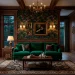 A modern Victorian living room featuring dark walnut wood furniture, emerald velvet seating, and moody floral wallpaper.