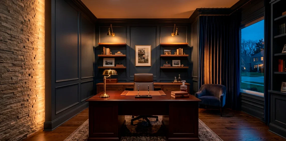 Moody home office with dark charcoal blue walls and warm brass sconces casting soft ambient light.