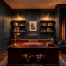 Moody home office with dark charcoal blue walls and warm brass sconces casting soft ambient light.