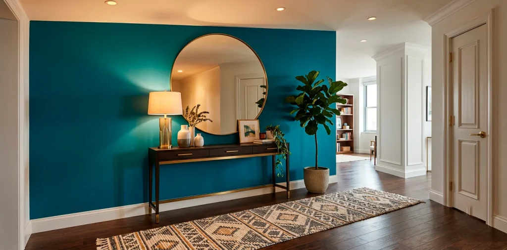 Modern windowless apartment foyer featuring a bold teal accent wall, warm console lighting, and a gold round mirror.