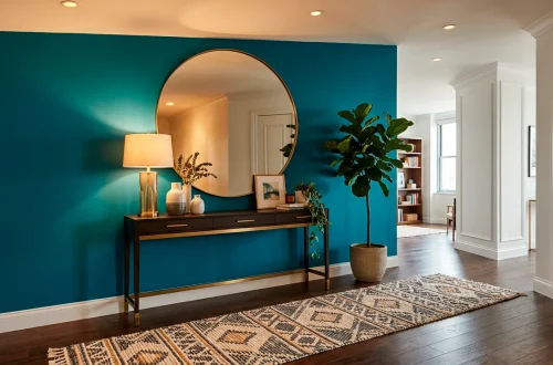 Modern windowless apartment foyer featuring a bold teal accent wall, warm console lighting, and a gold round mirror.