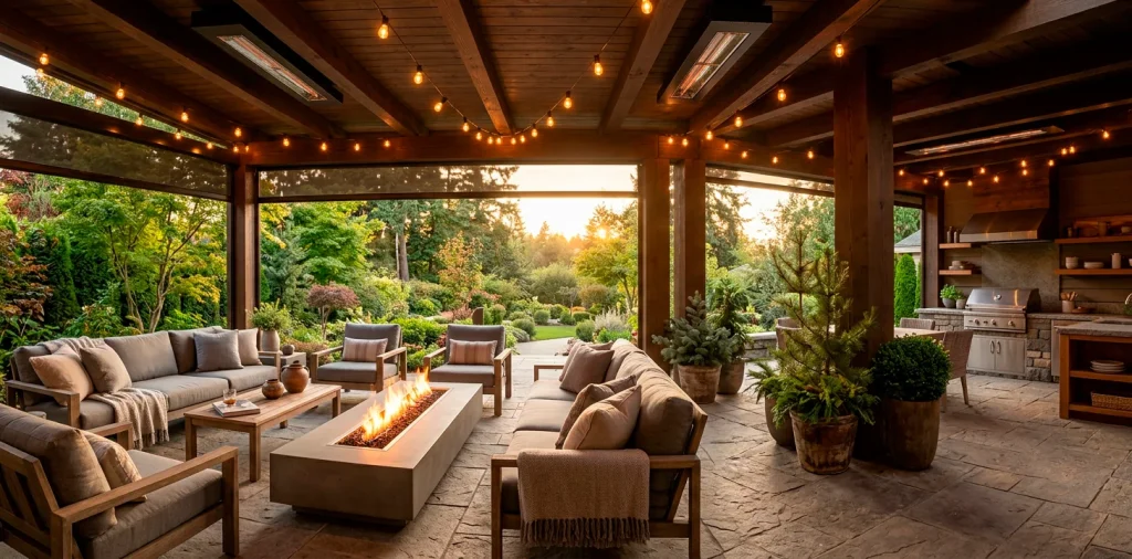 Cozy covered patio equipped with infrared heaters, fire pit, and comfortable seating for year-round outdoor living.