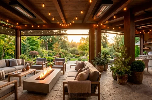 Cozy covered patio equipped with infrared heaters, fire pit, and comfortable seating for year-round outdoor living.