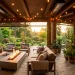 Cozy covered patio equipped with infrared heaters, fire pit, and comfortable seating for year-round outdoor living.