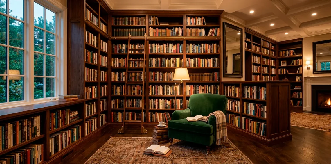 Cozy custom home library featuring dark oak built-in bookshelves, a rolling brass ladder, and velvet seating.