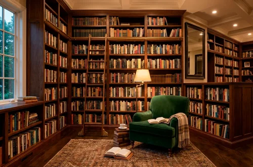 Cozy custom home library featuring dark oak built-in bookshelves, a rolling brass ladder, and velvet seating.