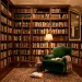Cozy custom home library featuring dark oak built-in bookshelves, a rolling brass ladder, and velvet seating.