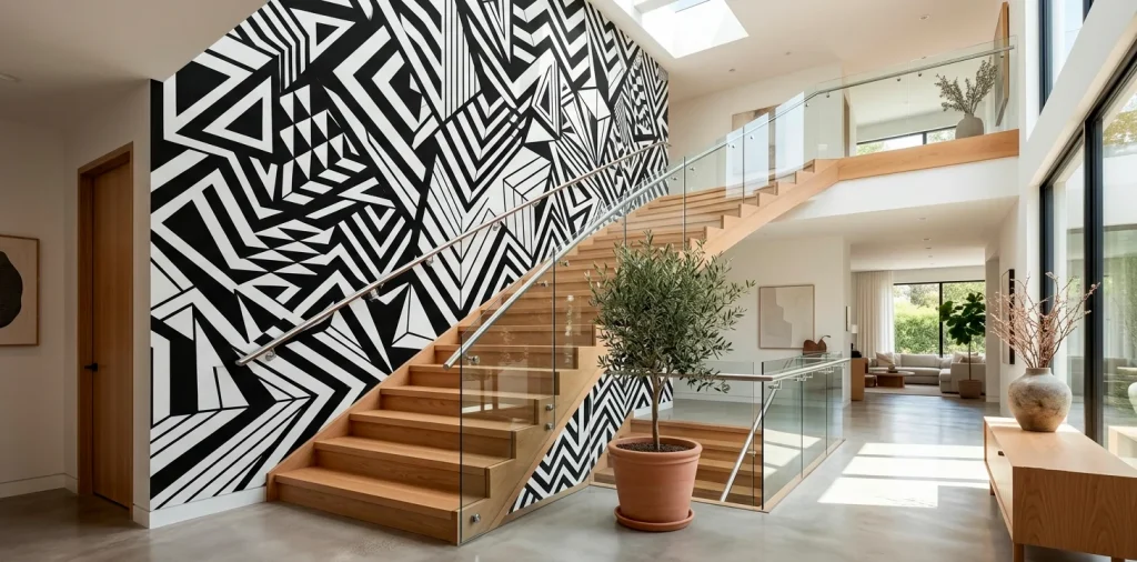 Modern staircase with a large black and white geometric mural on the wall, wooden treads, and sleek glass railing.