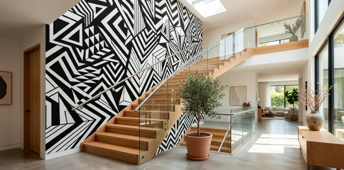 Modern staircase with a large black and white geometric mural on the wall, wooden treads, and sleek glass railing.