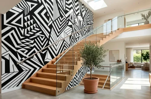 Modern staircase with a large black and white geometric mural on the wall, wooden treads, and sleek glass railing.
