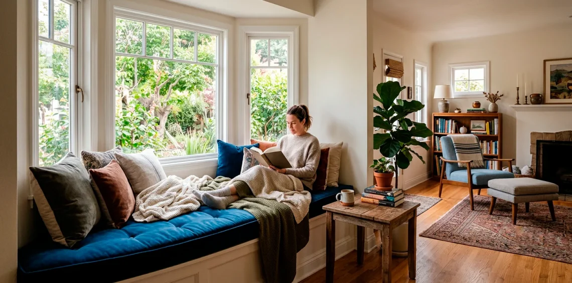 Wide view of a beautiful bay window reading nook featuring a custom tufted velvet cushion and cozy throw blankets.