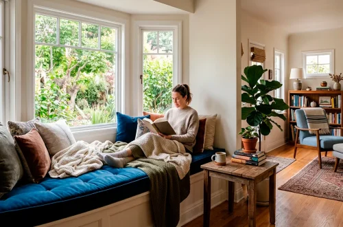 Wide view of a beautiful bay window reading nook featuring a custom tufted velvet cushion and cozy throw blankets.