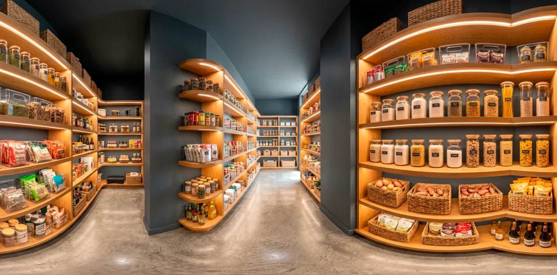 Wide horizontal view of a perfectly organized modern slate grey deep pantry with wood shelves and clear bins.