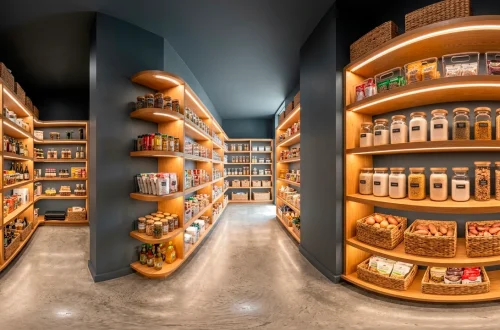 Wide horizontal view of a perfectly organized modern slate grey deep pantry with wood shelves and clear bins.