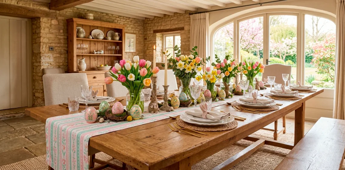 Rustic farmhouse dining table decorated for Easter with a pastel pink and mint green runner and fresh spring tulips.