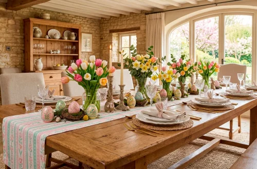 Rustic farmhouse dining table decorated for Easter with a pastel pink and mint green runner and fresh spring tulips.