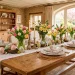 Rustic farmhouse dining table decorated for Easter with a pastel pink and mint green runner and fresh spring tulips.