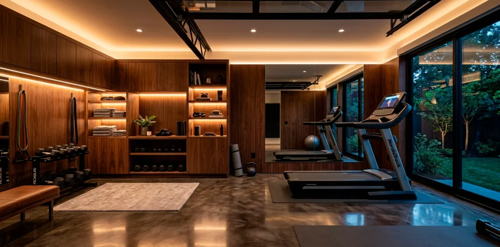 Luxurious home fitness room featuring rich dark walnut cabinetry and sleek workout equipment
