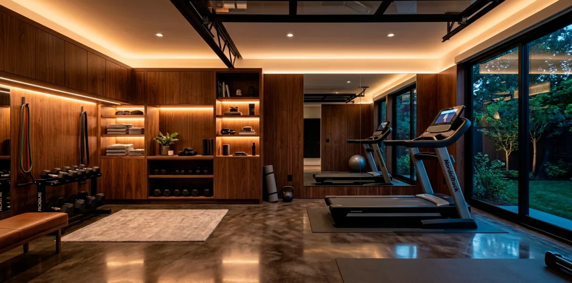 Luxurious home fitness room featuring rich dark walnut cabinetry and sleek workout equipment