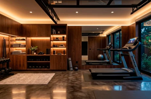 Luxurious home fitness room featuring rich dark walnut cabinetry and sleek workout equipment