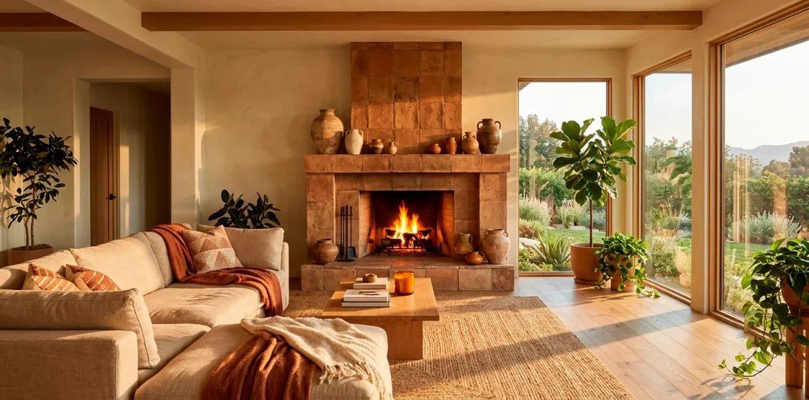 Modern living room featuring a warm fireplace styled with rich terracotta vases and earthy clay decor accents.