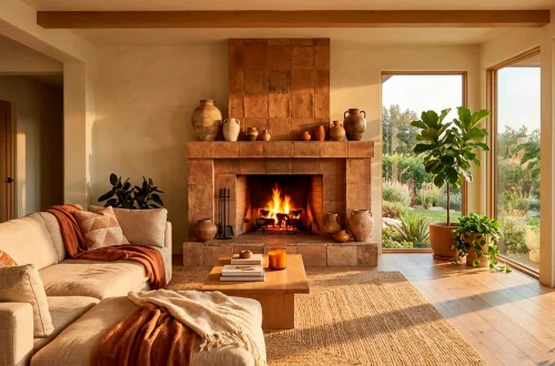 Modern living room featuring a warm fireplace styled with rich terracotta vases and earthy clay decor accents.