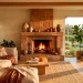 Modern living room featuring a warm fireplace styled with rich terracotta vases and earthy clay decor accents.