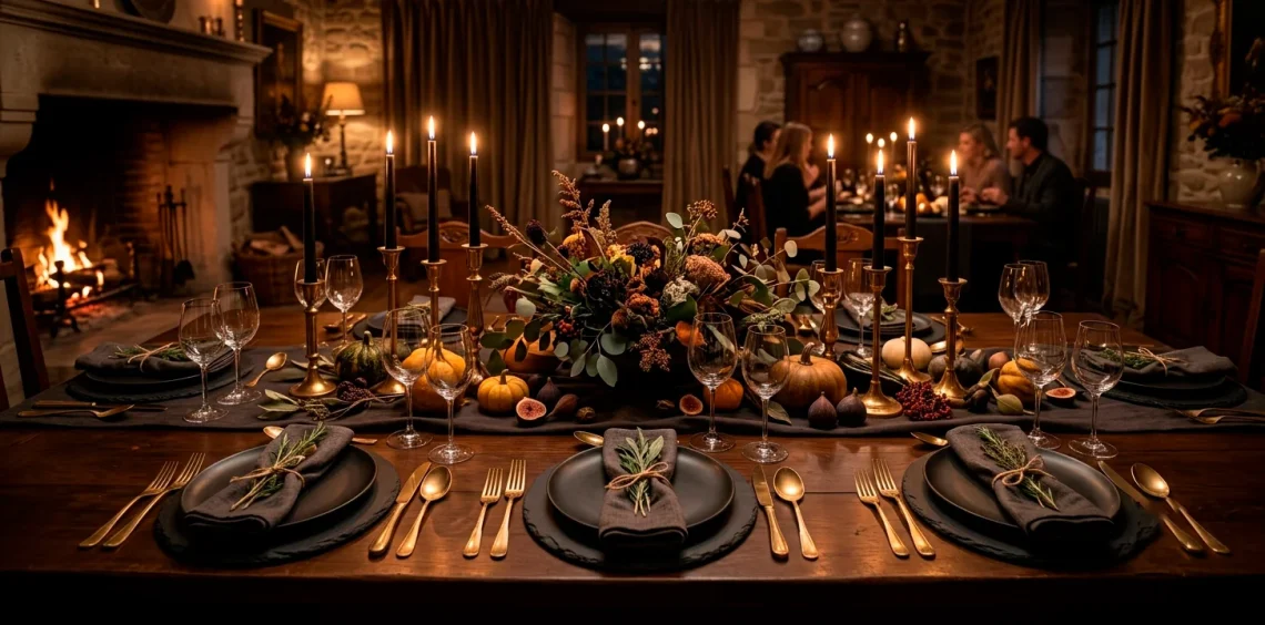 Moody Thanksgiving table setting featuring slate chargers, brass cutlery, and dark candles in a cozy dining room.