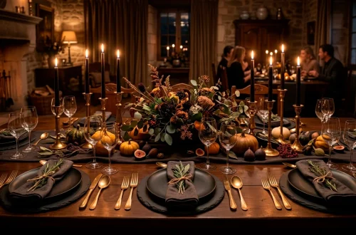 Moody Thanksgiving table setting featuring slate chargers, brass cutlery, and dark candles in a cozy dining room.