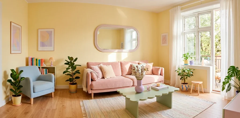 Bright Scandinavian studio apartment featuring soft Danish pastel room decor, blush sofa, and sunlit pastel accents.