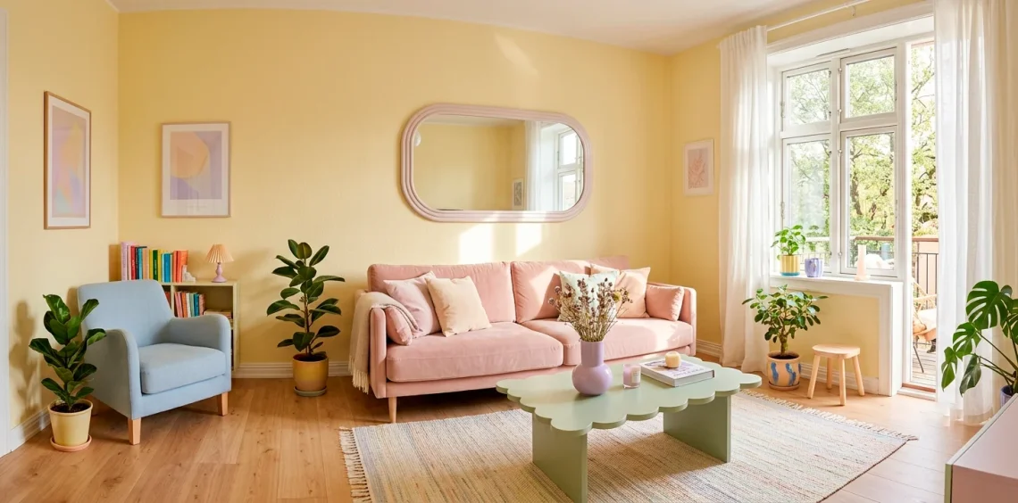 Bright Scandinavian studio apartment featuring soft Danish pastel room decor, blush sofa, and sunlit pastel accents.