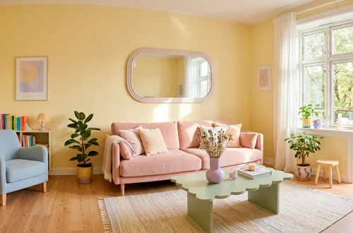 Bright Scandinavian studio apartment featuring soft Danish pastel room decor, blush sofa, and sunlit pastel accents.