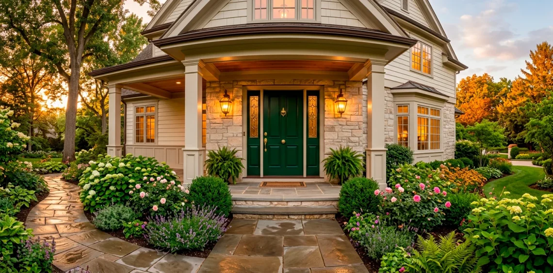 Moody emerald green front door with brass hardware on an elegant porch
