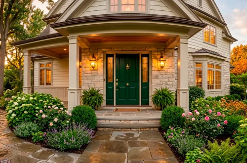 Moody emerald green front door with brass hardware on an elegant porch