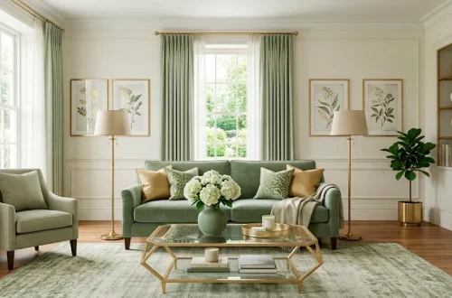 Luxurious living room featuring a sage green velvet sofa, brushed gold floor lamps, and geometric glass coffee table.