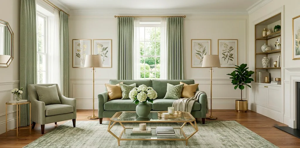 Luxurious living room featuring a sage green velvet sofa, brushed gold floor lamps, and geometric glass coffee table.