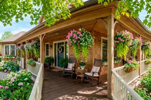 Lush spring wrap-around front porch featuring vibrant hanging baskets with petunias and sweet potato vines in the sun.