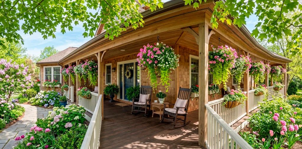Lush spring wrap-around front porch featuring vibrant hanging baskets with petunias and sweet potato vines in the sun.