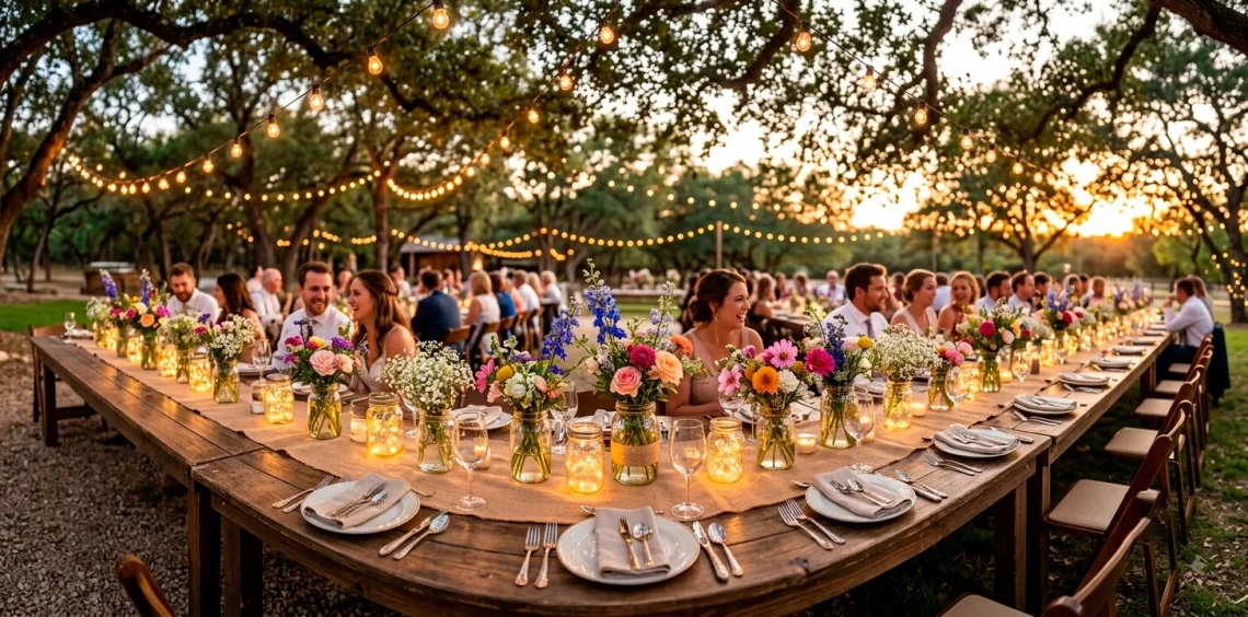 Rustic wedding reception table decorated with glowing mason jars, wildflowers, and string lights.